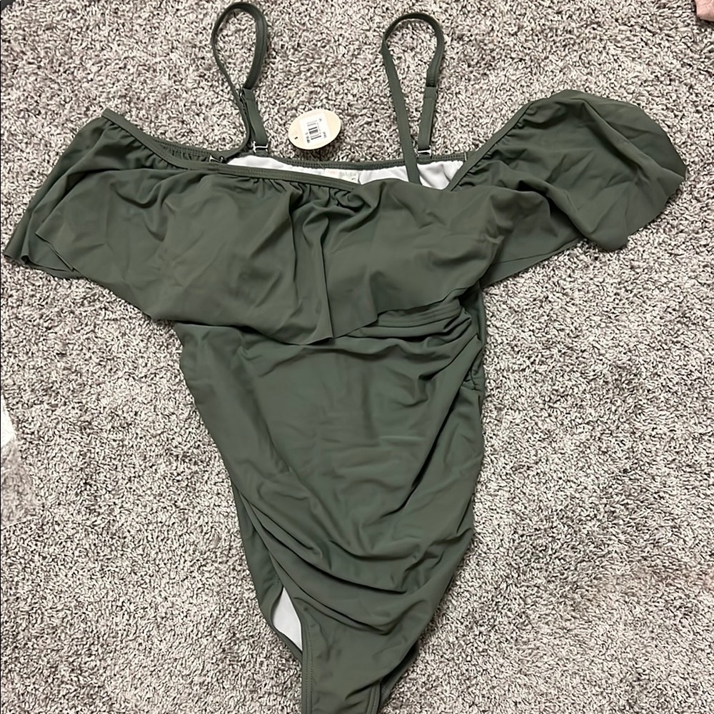 NWT Pink Blush Maternity Off-Shoulder Olive Green Swimsuit